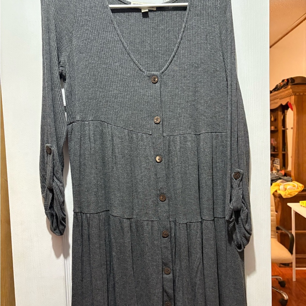 Elegant Charmed Hearts Gray Button-Down Dress
